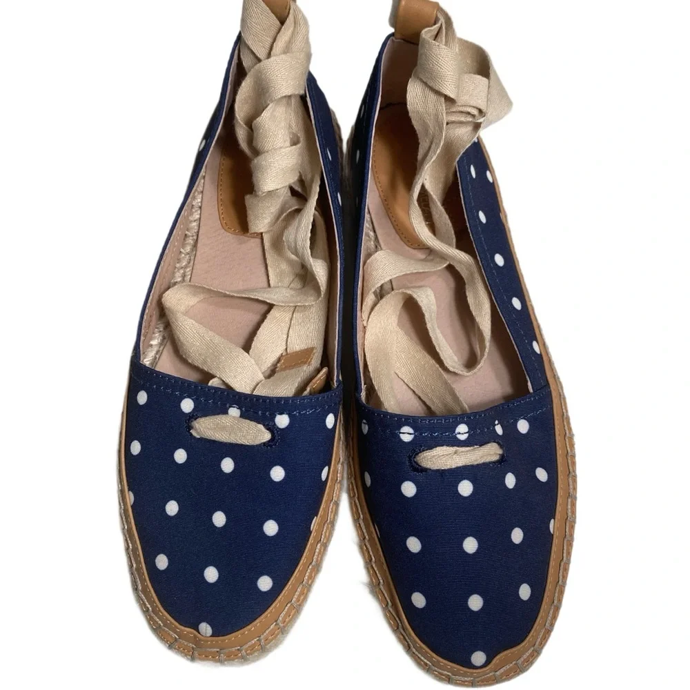 Antonio Melani Luluna Ankle Wrap Jute Espadrille Slip On Polka Dot Flat Navy 7.5